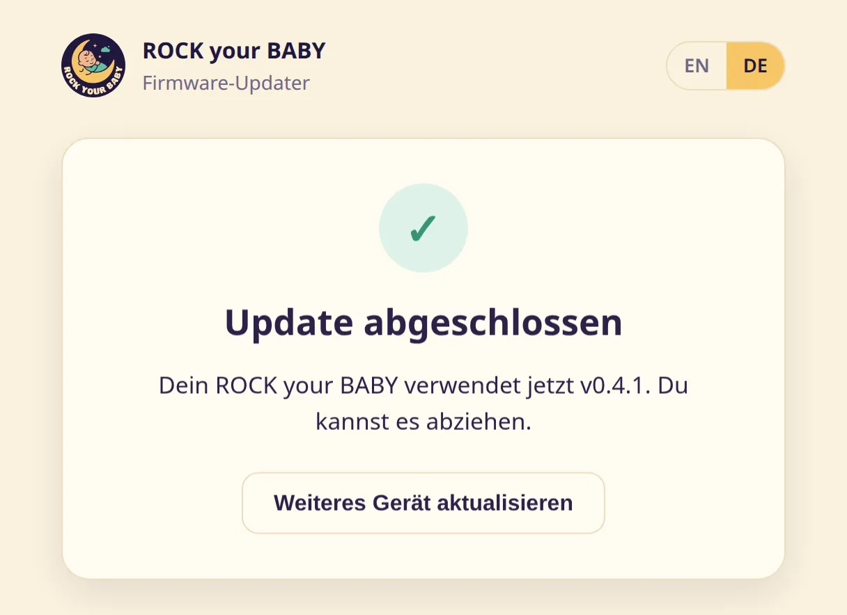 Der Bildschirm „Update abgeschlossen“ mit grünem Haken und der Schaltfläche „Weiteres Gerät aktualisieren“