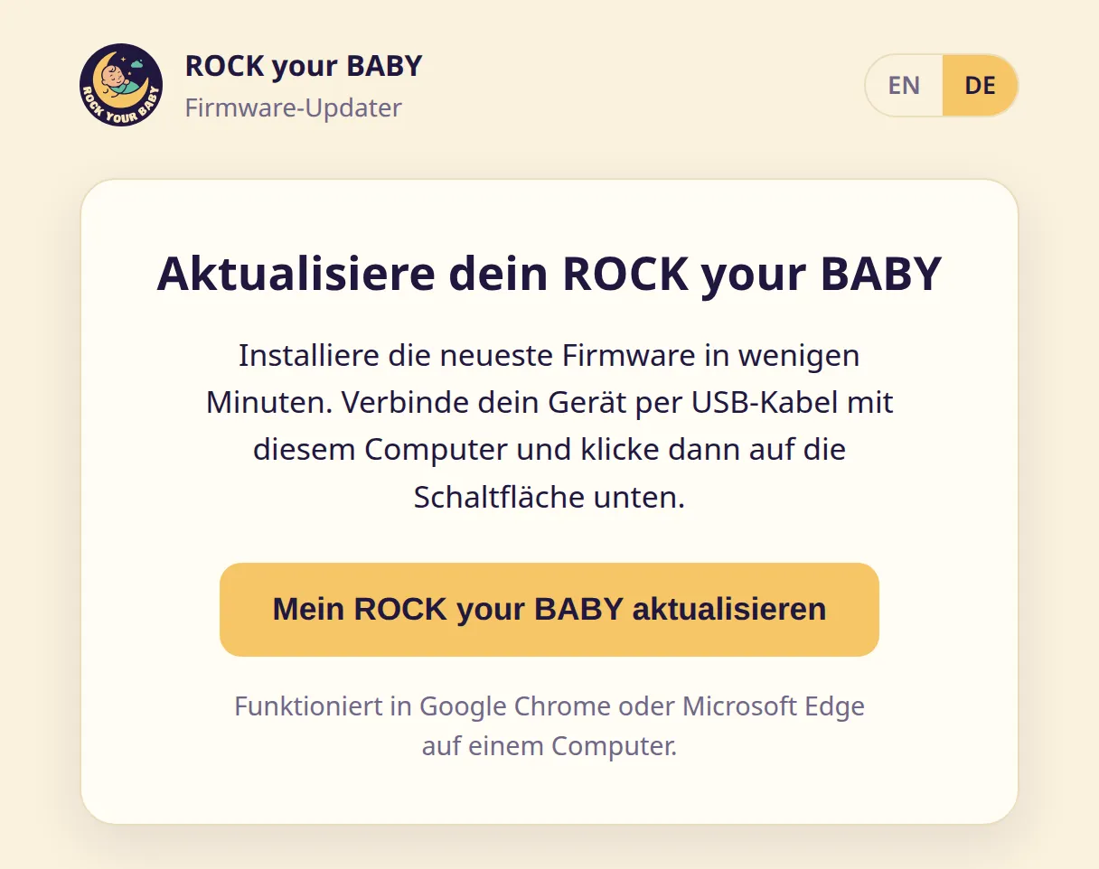 Die Startseite des Updaters mit der Überschrift „Aktualisiere dein ROCK your BABY“ und der gelben Schaltfläche „Mein ROCK your BABY aktualisieren“